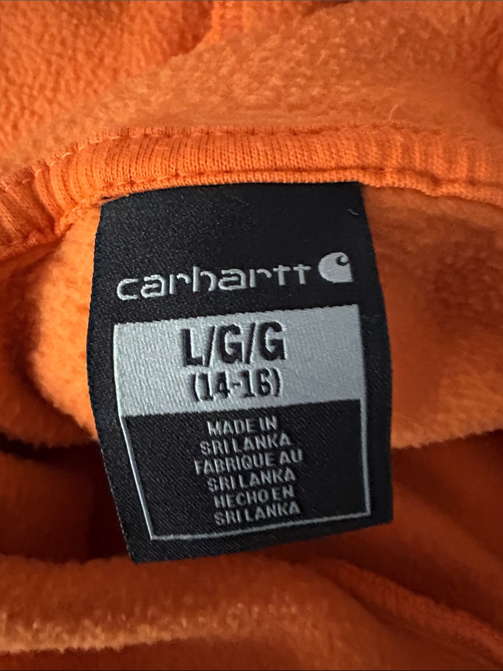 CARHARTT Kid's Orange Hoodie w/ Black Logo Sleeve Size L (14-16) -- Minor holes - Picture 11 of 12